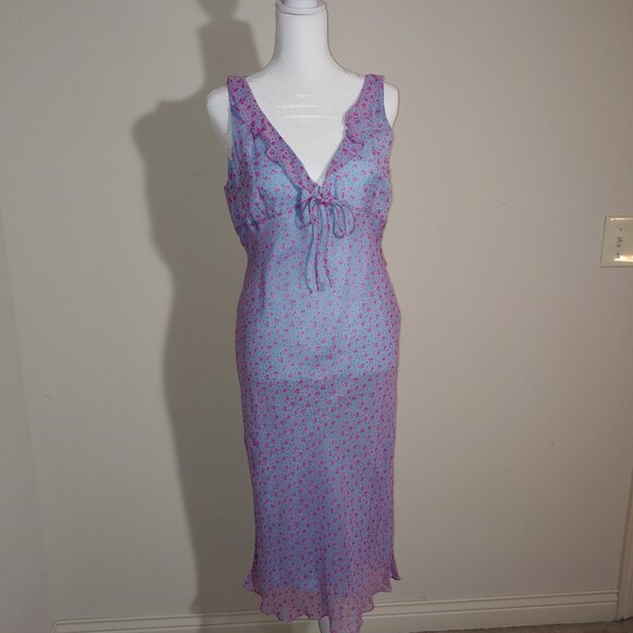 Alice & Trixie 100% Silk Floral Ruffle V-Neck Tie up Front Midi Dress Sz L Blue - Picture 2 of 8